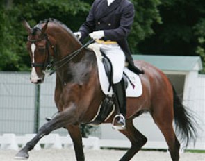 Patrick van der Meer on Uzzo. What a fantastic combination! Everything looked pure and correct. The traversal movements had good bending. The walk was clear, the contact steady. Only in canter, Uzzo tightened his back and the tempi changes were short.