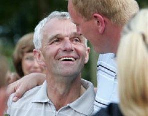 Blue Hors stud manager Esben Moller congratulates breeder Hans Marius Jørgensen for the victory