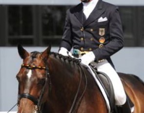 One day during dressage at Aachen a helmet awareness campaign was held. Some of Germany's top riders was wearing a helmet (for one day unfortunately). here: Matthias Rath on Sterntaler