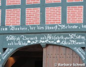 Old inscriptions in the door frame at Gestut Vorwerk, now owned by Austrian Sissy Max-Theurer