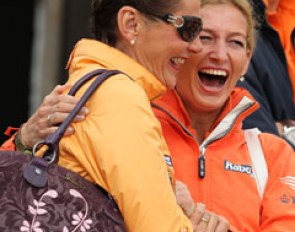 Coby van Baalen and Marlies van Baalen jubilate as they heard that their student Te Riele won the gold