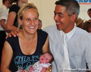 Melanie Hoffmann and Gilles Ngovan with their five days old baby Leana at the Swiss Dressage Championships :: Photo © Elisabeth Weiland