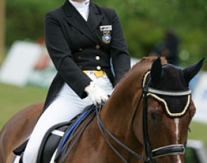 Swedish Sara Henriette Bergstrom Kallstrom on Diezel (by De Niro). She used the same trot music as Steffen Peters (Coldplay) and Alexander Rybak's Fairytale for the canter. The latter music was too quite for Diezel's big canter