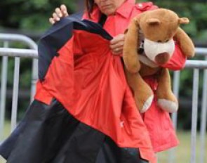 Cathrine Dufour's mom holding the mascot teddy bear "Gerd"