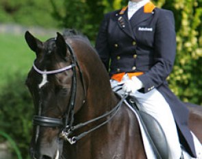 Anne Meulendijks on Ohio. Though the rider leaned back in the saddle hanging onto the bit, Ohio showed tons of activity and expression in trot. The collected walk needed to be clearer in rhythm but the flying changes were super.