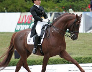 Charlott Maria Schurmann and the 17-year old licensed Hanoverian stallion World of Dreams. Great half pass!