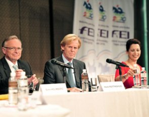 The FEI Presidential Candidates during the Meet the Candidates session at the FEI General Assembly on 4 November 2010. From left to right: Sven Holmberg (SWE), Henk Rottinghuis (NED), HRH Princess Haya Al Hussein (JOR).