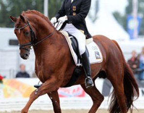 Former European Young Rider Champion Christin Schutte on the picturesque Eloy (by Earl x Wendenburg). The horse did great half passes and flying changes but could be more active and powerful from behind.  They got  8.06