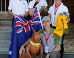 The Australian Dressage Team: Rachael Sanna, Lyndal Oatley, Hayley Beresford, Brett Parbery (with mascot)