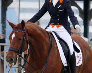 The tragic end of Adelinde Cornelissen's 2010 World Equestrian Games' experience. Parzival bit his tongue and got eliminated :: Photo © Astrid Appels