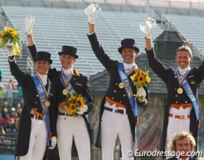 The gold medal winning Dutch Team: Adelinde Cornelissen, Imke Schellekens-Bartels, Hans Peter Minderhoud, Edward Gal :: Photo © Astrid Appels