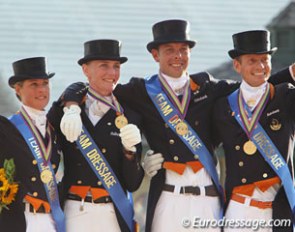 The gold medal winning Dutch team: Adelinde Cornelissen, Imke Schellekens-Bartels, Hans Peter Minderhoud, Edward Gal :: Photo © Astrid Appels