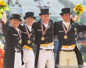 The bronze medal winning German Team: Isabell Werth, Anabel Balkenhol, Matthias Alexander Rath, Christoph Koschel