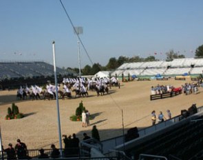 Riders practise for the 2010 WEG opening ceremony in the main arena