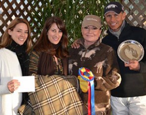 Intermediaire I class sponsor LA Saddlery's Tabitha Knaub and Renee Connolly present the blue ribbon to owner Jen Hlavacek and rider Steffen Peters :: Photo © Jennifer Keeler