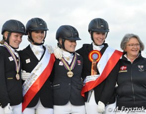 The Danish bronze medalists: Maya Jorgensen, Emilie Holm Toft, Caroline Aarosin, Caroline Bording Smidt and chef d'equipe Rigmor Kristensen