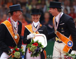 Carl Hester, Adelinde Cornelissen and Patrik Kittel have a laugh on the podium :: Photo © Astrid Appels
