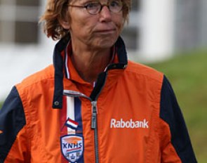 Dutch junior/young rider chef d'equipe looks amazed and disappointed after the many mistakes her team riders made. Holland ended up with two team bronze medals