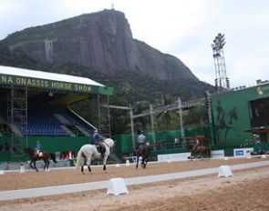 The warm up ring in Rio de Janeiro. The Christ Redeemer statue in the background