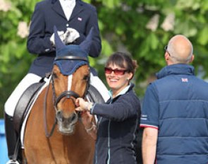 Bethany Horobin on Gigolo talks to British team trainer Peter Storr after her test