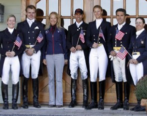 Marisa Festerling, Endel Ots, Anne Gribbons (chef d'equipe), Steffen Peters, Heather Blitz, Cesar Parra, Heather Mason at the U.S. Pan Am Training camp :: Photo © Sue Stickle