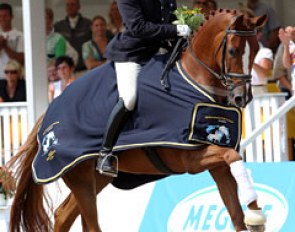 Michael Eilberg and Woodlander Farouche win the 5-year old preliminary test at the 2011 World Young Horse Championships :: Photo © Astrid Appels