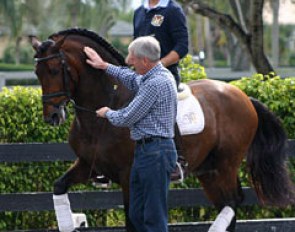 Jan Bemelmans works with Spanish rider Daniel Martin Dockx and Grandioso III at Hampton Green Farm, Wellington, Florida :: Photo © Alex Zilo