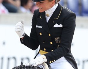 An ecstatic Dorothee Schneider had a great ride on her student Stella Charlott Roth's Diva Royal