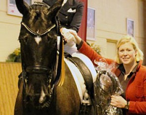 Gabriele Rund-Köllner with Rossinol during the price-giving at the 2012 Ankum Dressage Tournament