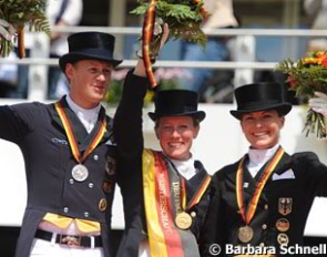 The podium at the 2012 German Championships: Matthias Alexander Rath (silver), Helen Langehanenberg (gold), Kristina Sprehe (bronze) :: Photo © Barbara Schnell