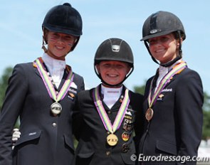 The Kur to Music podium at the 2012 European Pony Championships: Sanne Vos, Semmieke Rothenberger, Rosalie Bos :: Photo © Astrid Appels