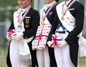 The Young Riders Kur podium at the 2012 European Young Riders Championships: Charlott Maria Schurmann, Cathrine Dufour, Florine Kienbaum :: Photo © Astrid Appels