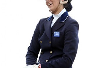 Grecian Fanoula Stafilopati had a lovely ride with really good flying changes, but her horse was downhill at all times. Pity. The rider smiled as if she had scored 70%. Such a good sport!