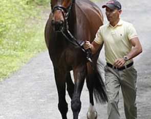 Steffen Peters and Legolas at the vet inspection on Friday 8 June 2012 :: Photo © Sue Stickle