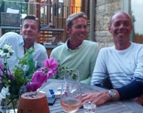 Carl Hester having dinner and drinks with Edward Gal and Hans Peter Minderhoud before the Games