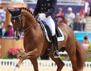Patrik Kittel and Scandic. This combination executes brilliant trot extensions but today they struggled in the rein back and second piaffe. The tempi changes were good, but the rider swings heavily in the saddle in them