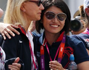 Ravel's owner Akiko Yamazaki hugs Anne Gribbons after Steffen Peters finishes his last competition ride on Ravel at the 2012 Olympic Games :: Photo © Astrid Appels