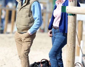 Trainers Richard White and Kyra Kyrklund watching Emma Kanerva's test at the 2012 CDI Vidauban :: Photo © Astrid Appels