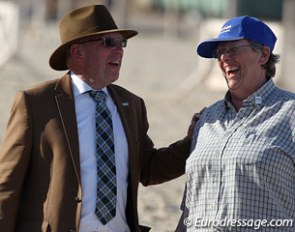 Belgian FEI steward Jean Louis Valkenborg shares a laugh with Belgian FEI Steward Arianne Boelens, who does the bit and spur check in Vidauban :: Photo © Astrid Appels