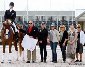 Caroline Roffman and Pie, winners of the Prix St. Georges at the $50,000 Florida Dressage Classic CDI-W, presented by the USPRE.  Roffmann, Alexander Zilo, Kim Boyer, Mary Magee, Joan Mack, Aliza Korash & Hilda Gurney