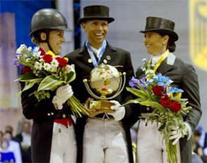 The Grand Prix Kur podium at the 2012 World Dressage Masters in Palm Beach: Charlotte Dujardin, Steffen Peters, Tinne Vilhelmson :: Photo © Sue Stickle