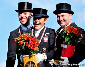The 2012 Polish Grand Prix Championships podium at the 2012 CDI-W Wroclaw: Michal Rapcewicz, Katarzyna Milczarek, Lukasz Wituchowski :: Photo © Lukasz Kowalski