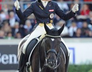 Victoria Max-Theurer rejoices when seeing her score for her small tour ride on Della Cavalleria