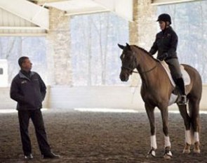 Scott Hassler coaches Sandie Gaines-Beddard on Flairance at the 2013 U.S. Young Horse Training Session in Alpharetta, GA :: Photo © Chris Hutchings