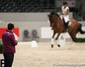 German team trainer Monica Theodorescu overseeing Isabell Werth's training of Don Johnson at the 2013 CDI-W 's Hertogenbosch :: Photo © Astrid Appels
