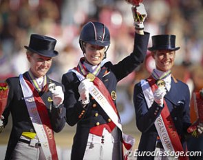 The 2013 European Championship kur podium: Helen Langehanenberg, Charlotte Dujardin and Adelinde Cornelissen :: Photo © Astrid Appels