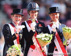 The Grand Prix Special podium: Helen Langehanenberg, Charlotte Dujardin, Adelinde Cornelissen :: Photo © Astrid Appels