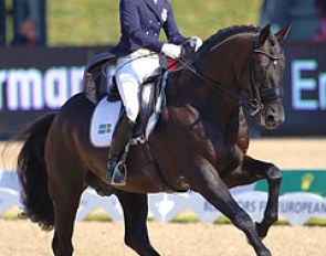 Minna Telde and the very expressive Santana rode a freestyle based on music by Queen. The horse seemed on Red Bull and was ridden over tempo in most of the movements, even though the silhouette was expressive and fresh
