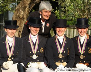 The bronze medal winning Belgian Young Riders Team: Alexa Fairchild, Jorinde Verwimp, chef d'equipe Laurence van Doorslaer, Kirsten Adriaenssens, and Eline de Coninck Borrey