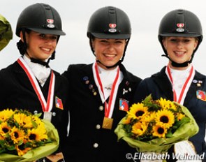 The 2013 Swiss Pony Championship podium: Naomi Winnewisser (silver), Anastasia Huet (gold), Carlotta Rogerson (bronze) :: Photo © Elisabeth Weiland